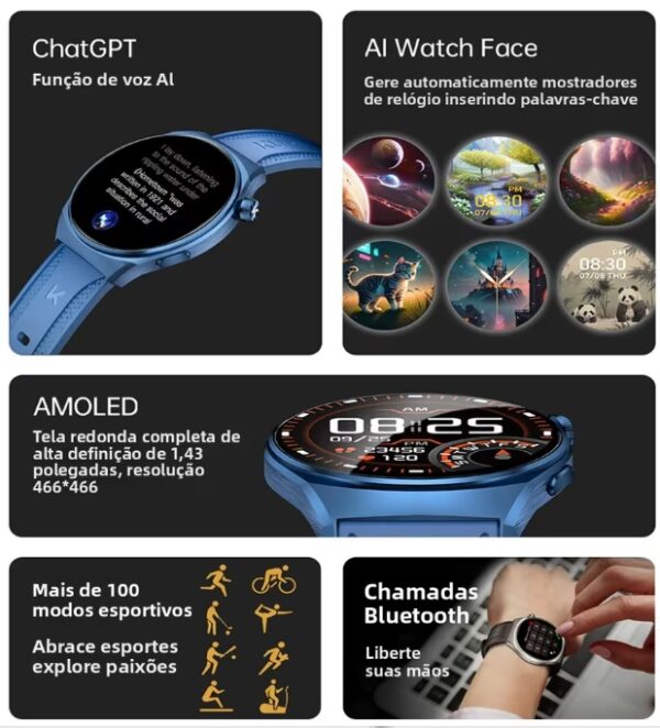 Kumi gw6 1.43 "tela amoled bluetooth chamada ip68 à prova dip68 água nfc 100 + esporte freqüência cardíaca pressão arterial monitor de oxigênio Smartwatch - Imagem 5